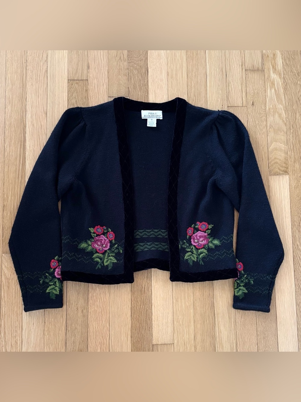 VTG 90s Embroidered Wool Cardigan Womens M Open Front Floral Velvet Cottagecore